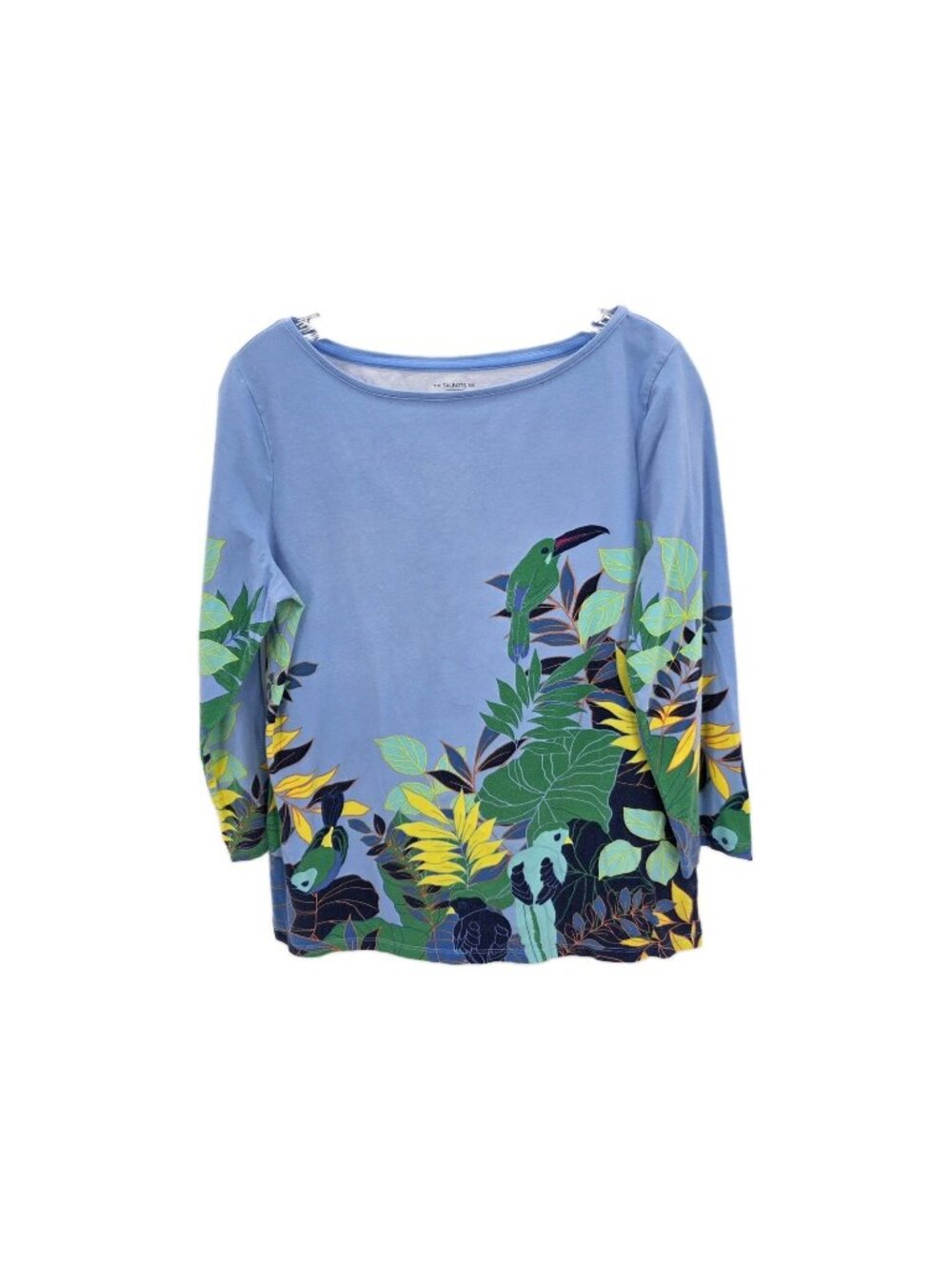 Talbots Shirt Womens Medium Blue Tropical Bird Floral 3/4 Sleeve Stretch Boho